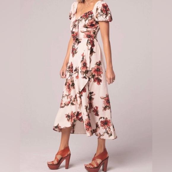 B-O-G Collection Ginger Beige Floral Tie Front Maxi Dress NWOT Large - Picture 2 of 5